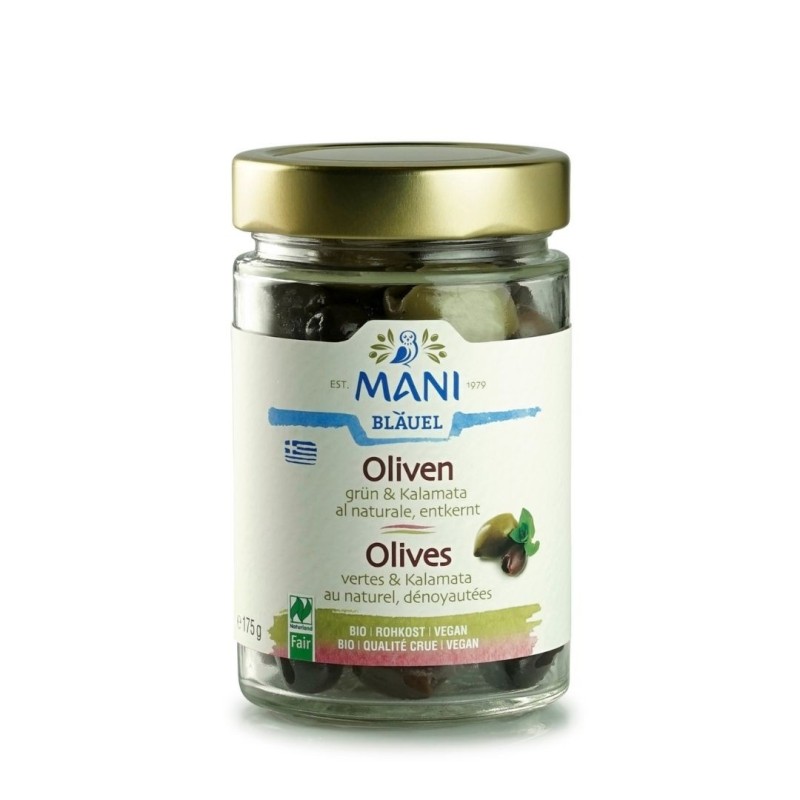 Olives bio de Kalamata et vertes dénoyautées au naturel